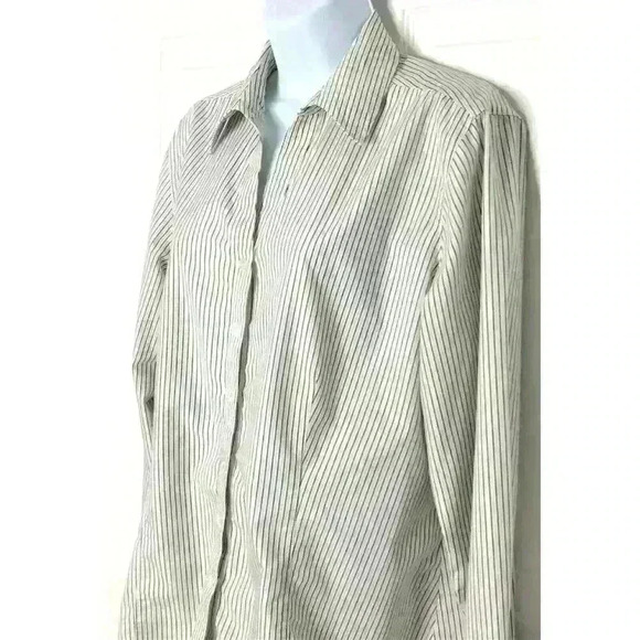 Chicos 2 top shirt button front long sleeve v neck white black gold stripe - Picture 3 of 6